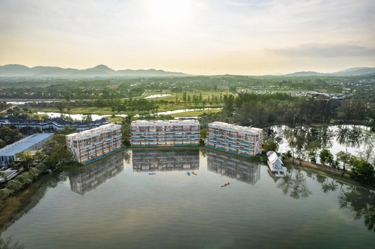 Angsana Oceanview Residences — aerial view at sunrise with Laguna Golf Phuket